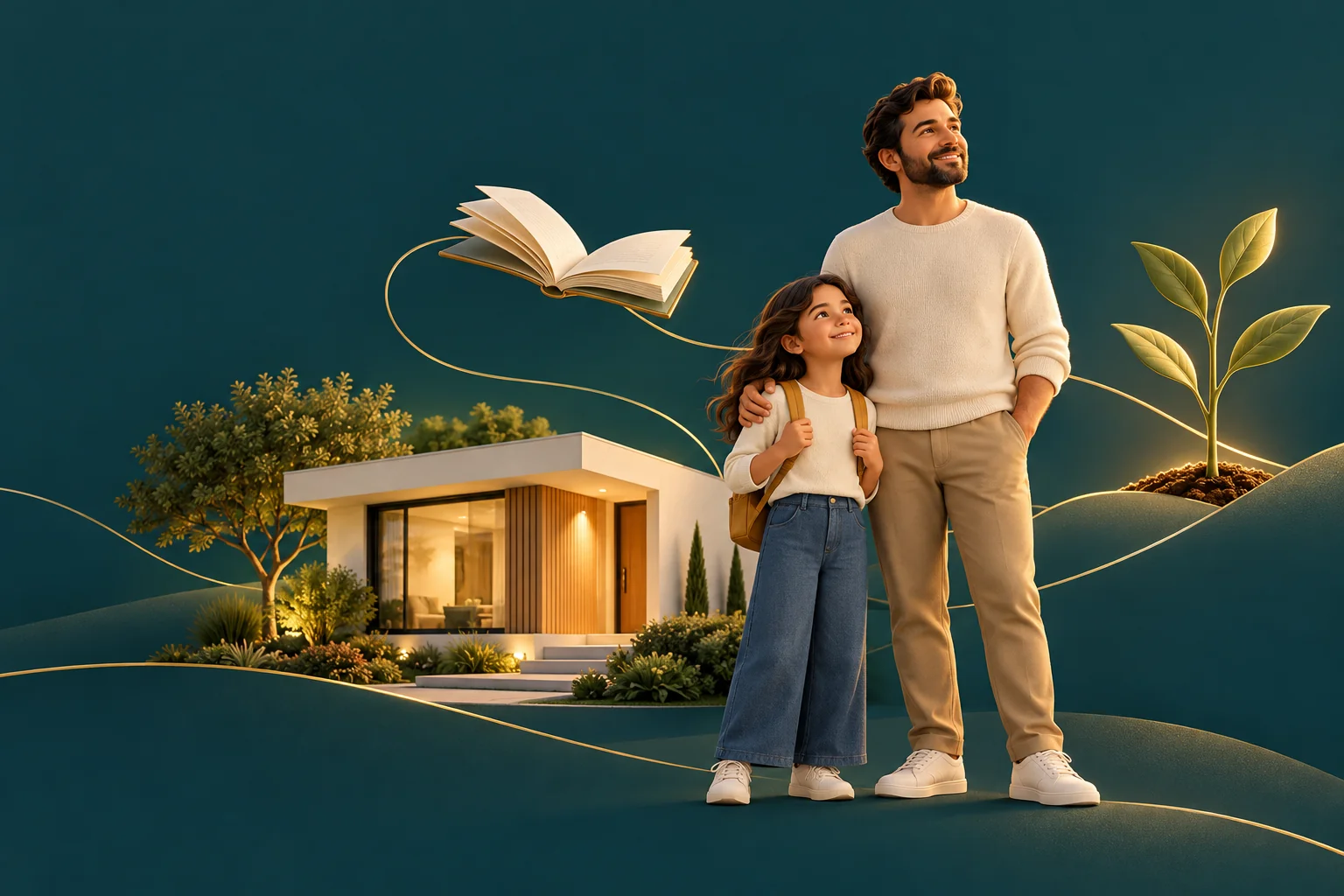 Ilustração de uma família ao lado de uma casa, com símbolos de estudos e crescimento